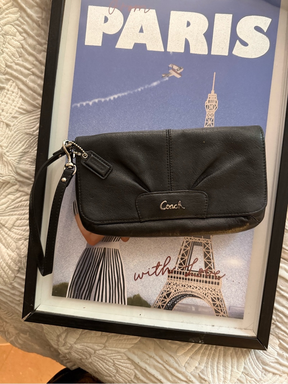 Coach Black Leather Wristlet Clutch with Silver Hardware